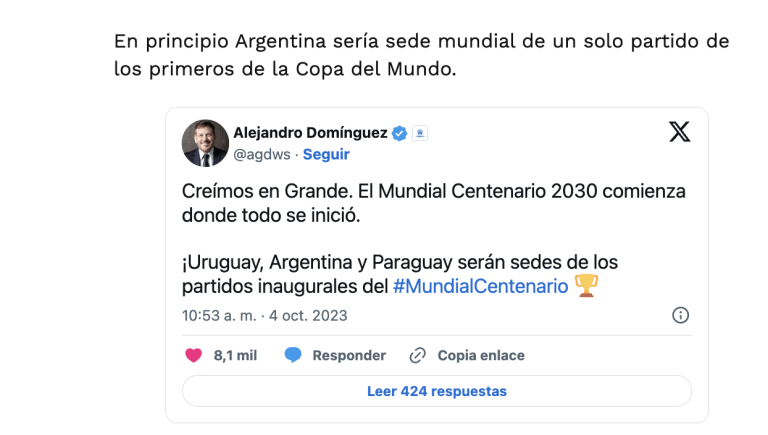 Mundial Centenario 2030: Argentina, Uruguay y Paraguay Anfitriones de los Partidos Inaugurales